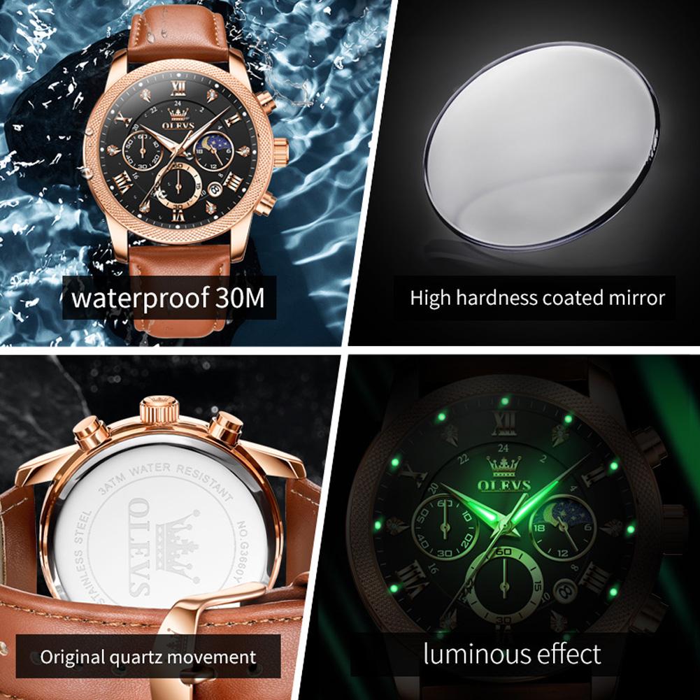 OLEVS 3660 Men's Quartz Watches Chronograph 24 Hour Moon Phase Calendar Waterproof Luminous Original Watch for Men With Gift Box