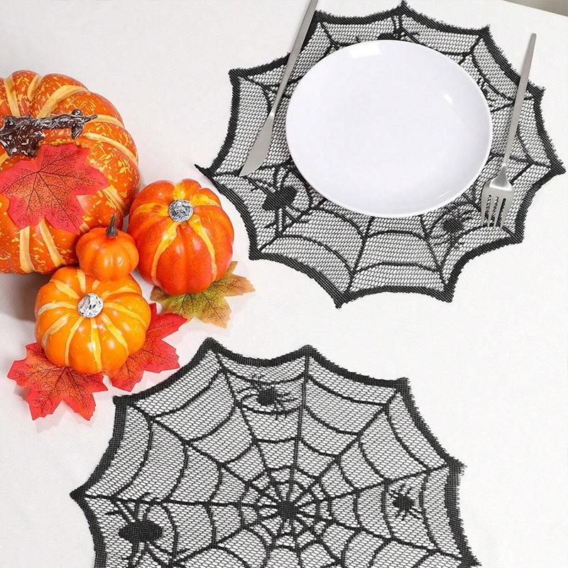 1/2/4pcs Diameter 30cm Black Lace Meal Mat Spider Web Shape Round Placemat