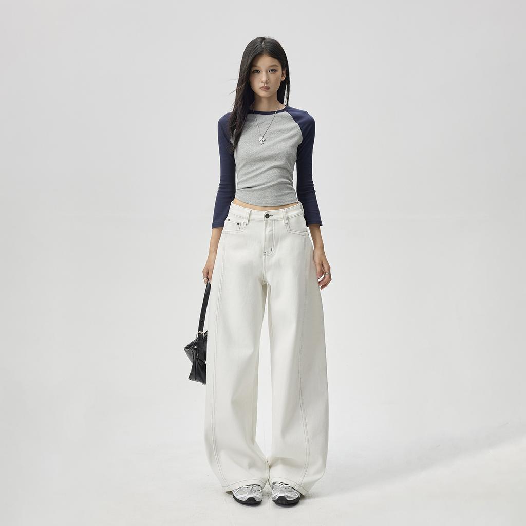 American white high street scimitar wide-leg jeans women's autumn new loose and thin versatile floor pants