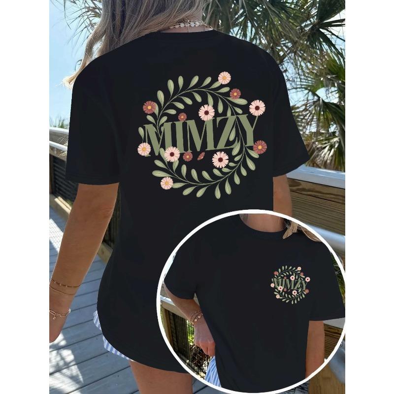 Европейские размеры Цветы Mimzy Ботанические Буквы С Ромашками Женская Удобная Футболка | Круглый Вырез, Легкая Эластичность, Повседневный Стиль для Весны/Лета