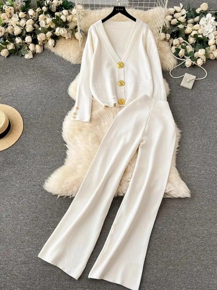 Осень-зима, кардиган с золотыми пуговицами и V-образным вырезом, карманы, вязаные свитера + широкие брюки, спортивные костюмы, длинный комплект из двух предметов