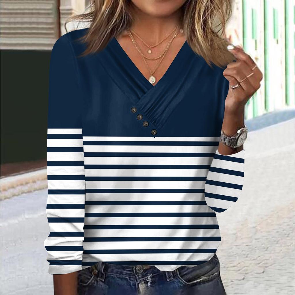 Женские топы с длинными рукавами, осенние блузки с v-образным вырезом и длинными рукавами, свободный крой, повседневные футболки с принтами на пуговицах