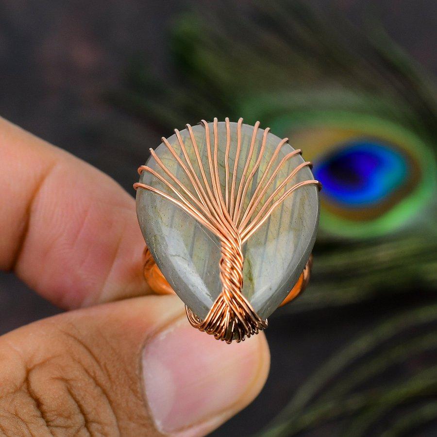 Подарочное кольцо ручной работы из медной проволоки с натуральным лабрадоритом, размер 8 u7C47