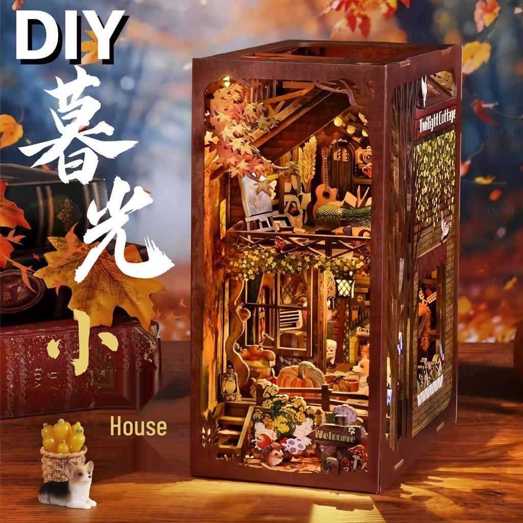 Twilight Cabin Bookends: DIY Wooden 3D Puzzle House Model, Handmade Building Blocks, Assembled Toy Gift.