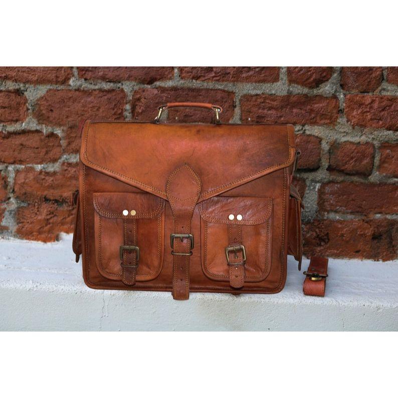 15" Leather Messenger Bag Laptop Case Office Briefcase Gift for Men Computer Distressed Shoulder Bag