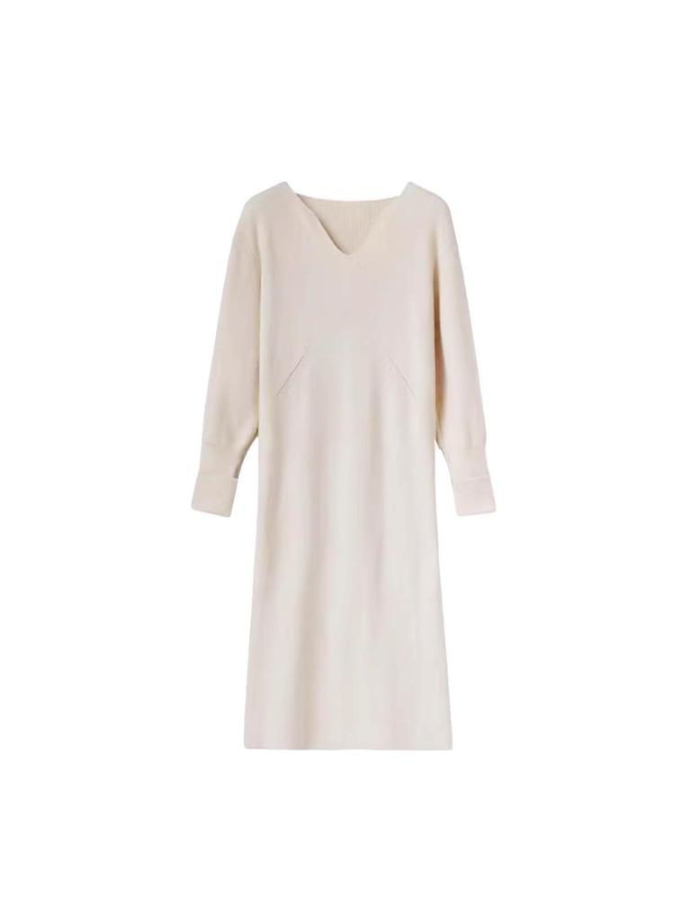 Женское трикотажное платье премиум-класса с V-образным вырезом и облегающим талию дизайном средней длины для осени/зимы.