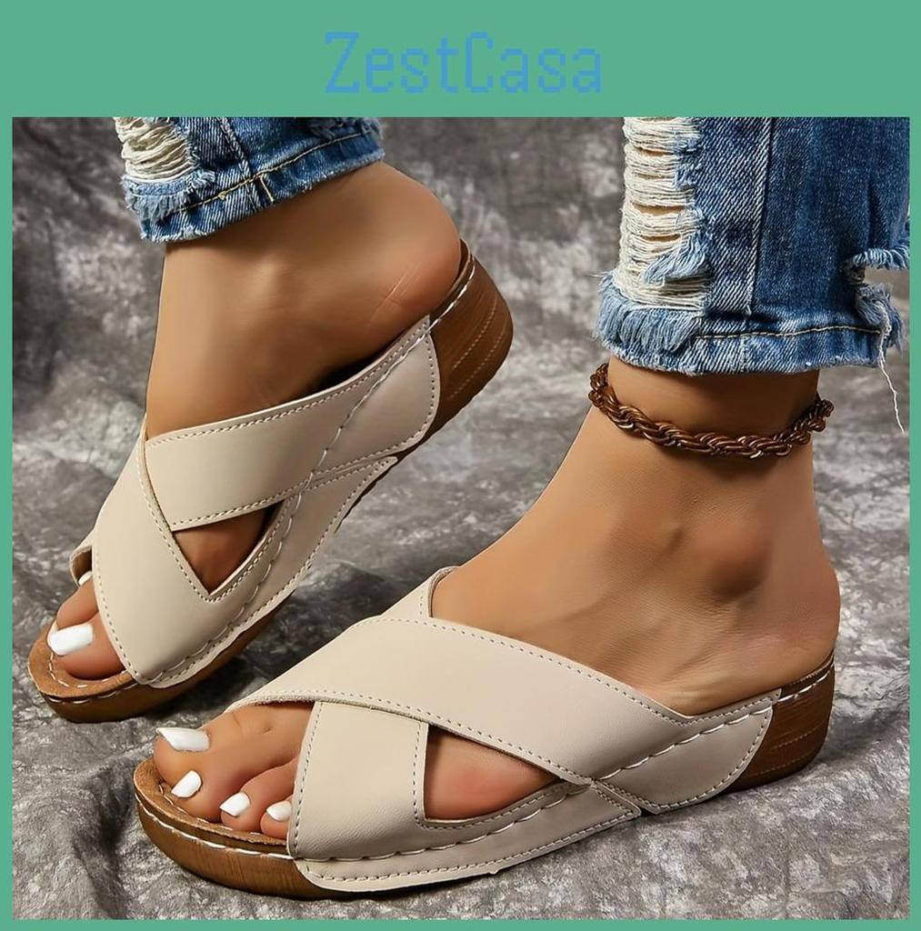 Color Sandals Solid Womens Casual Platform Slip On Soft Sole Crisscross Bands Walking Shoes Summer Wedge Vacation Slides