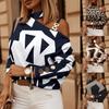 Fashion Women Long Sleeve Printed Tops Halter Neck Chain Decorated Button Autumn Winter