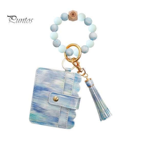 Брелок на запястье с блокировкой RFID и 6 отделениями для карт, браслет с кисточками и бусинами, брелок из искусственной кожи