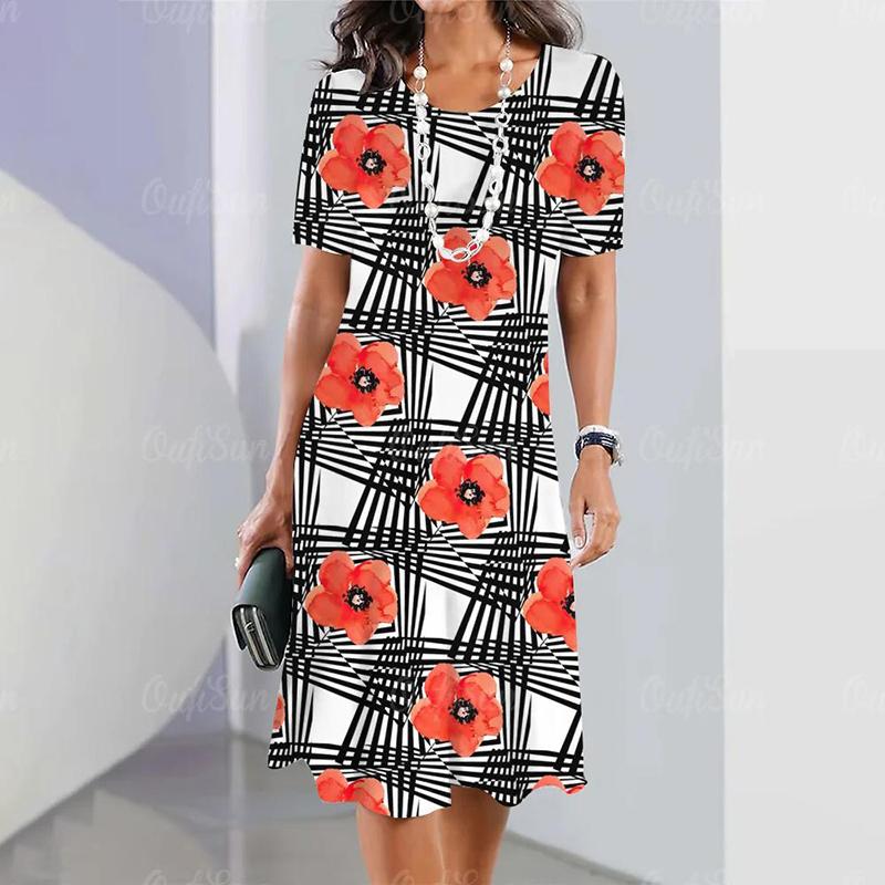 Модное женское свободное платье-трапеция с принтом в виде О-образного выреза и коротким рукавом с принтом листьев