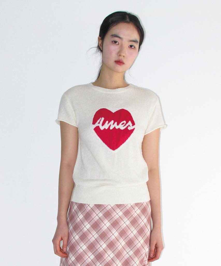 AMES-WORLDWIDE Heart Short Sleeve Knit Cream