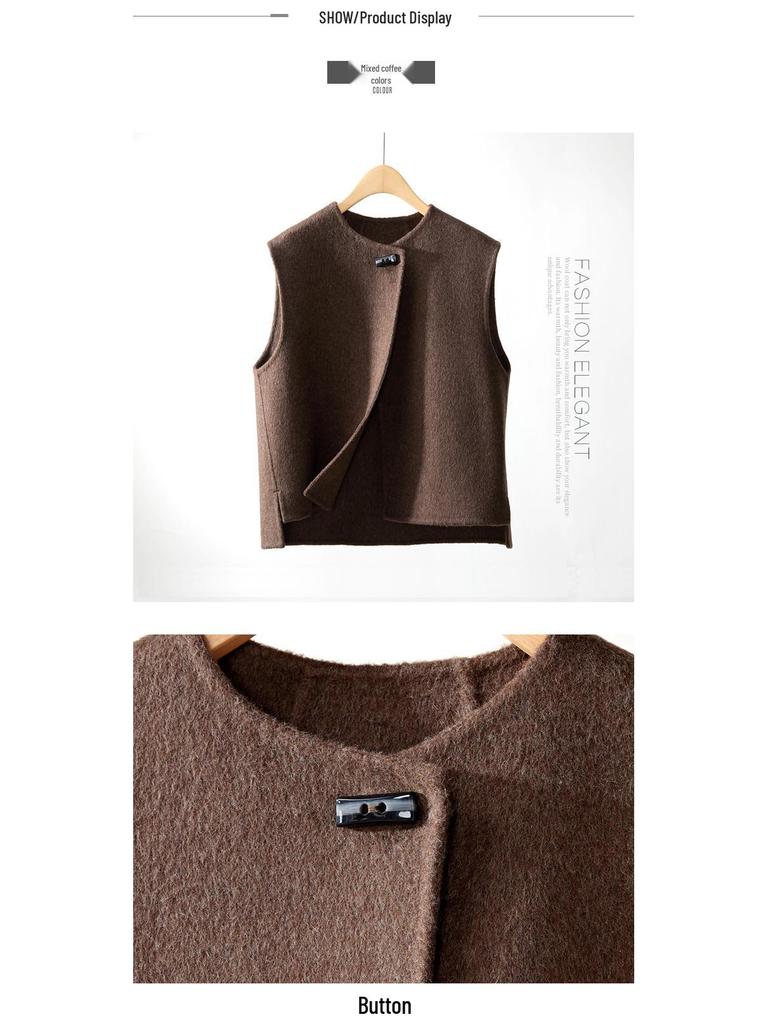 Women's 2025 Asymmetrical Gray Wool Vest - Round Neck, Button-Up, Sleeveless for Spring & Autumn Fashion