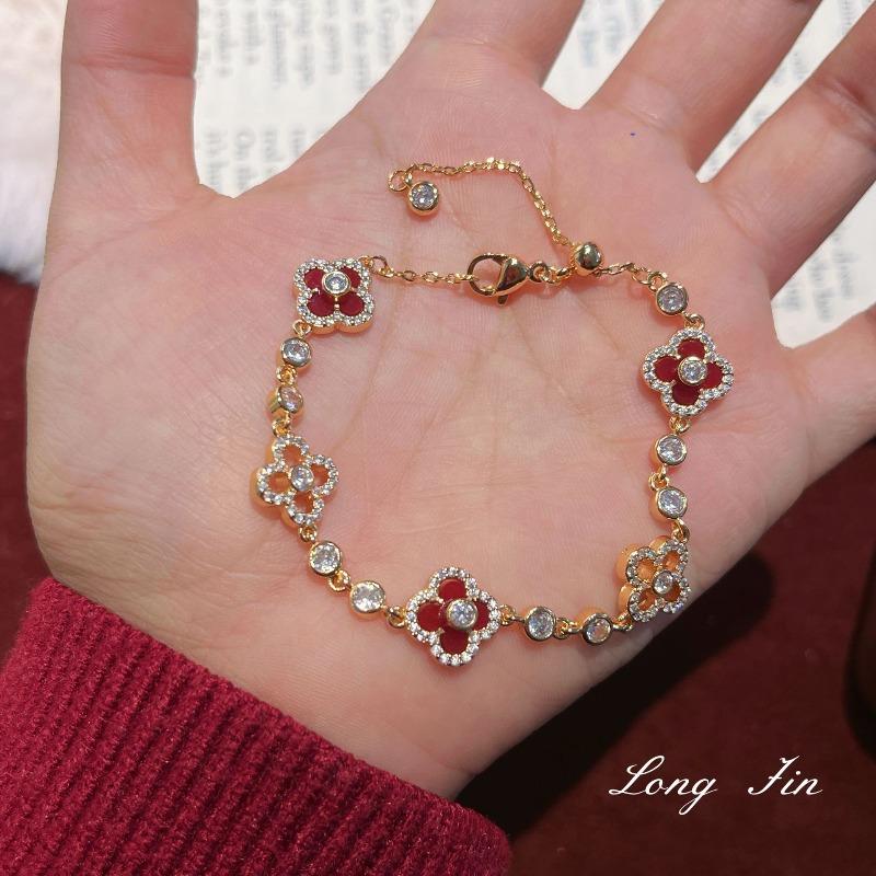 French retro tiger eye white shell hollow zircon red set, light luxury high-end bracelet, necklace, earrings.