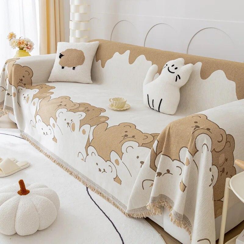 Полотенце для дивана с мультяшным медведем и кисточкой, нескользящий чехол для гостиной, универсальная удобная пылезащитная подушка, можно стирать в машине