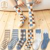 New Women's Blue Plaid College Style Couple Socks - Trendy Japanese Mid-Tube Autumn/Winter Socks