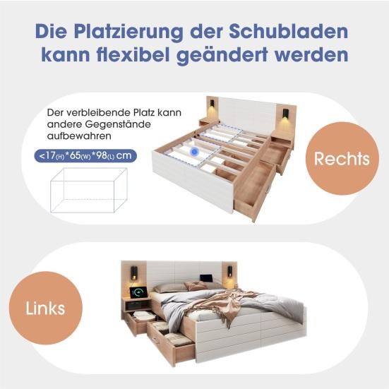 Teen Bed 180x200cm Double with 2 Drawers Bedside Cabinets Reading Light USB Youth Charging Function Headboard Strong Wood Slat Support Bedroom