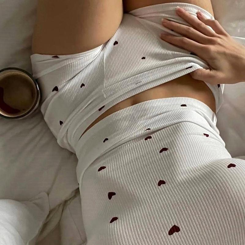 1 Set Round Neck Machine Washable Vest and Shorts Sets Comfortable Nightgown Sleepwear No Lining Sleeveless Cute Black/White