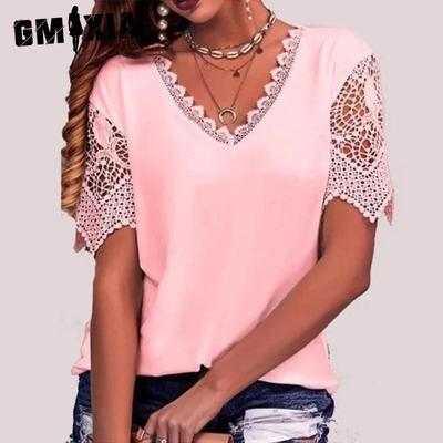 Женские модные повседневные летние весенние однотонные футболки с кружевным принтом и v-образным вырезом с короткими рукавами и свободные топы