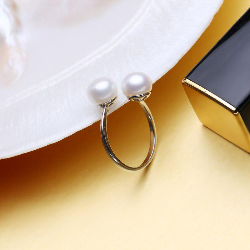 LSOOYH Natural Freshwater Double Pearl Rings For Women Simple Fashion Female Adjustable Ring