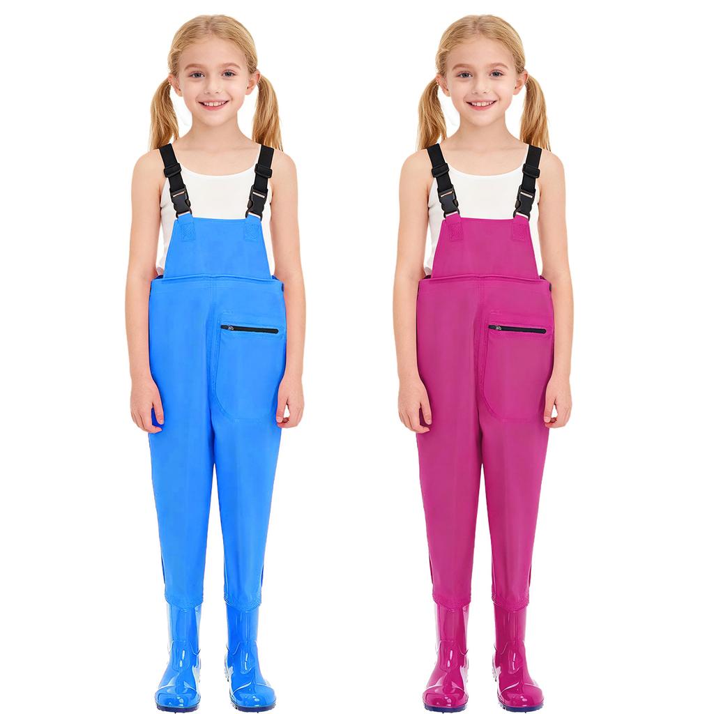 Unisex Kids Fishing Waders Adjustable Buckle Straps Jumpsuit Water Resistant Overalls Non Slip Boots