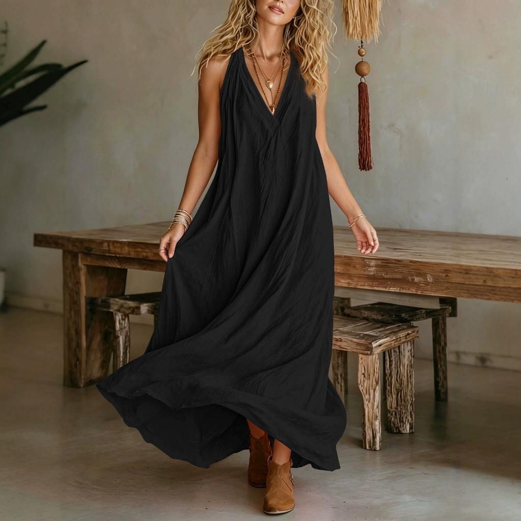 Plus Size Women's Summer Solid V-neck Flowy Maxi Dress Vacation Beach Dress for TikTok Independent Station