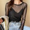 Sexy Women T Shirt See Through Transparent Mesh Tops Long Sleeve Sheer Slim Ladies O-neck Color Silk T-Shirt Lace Crop Top