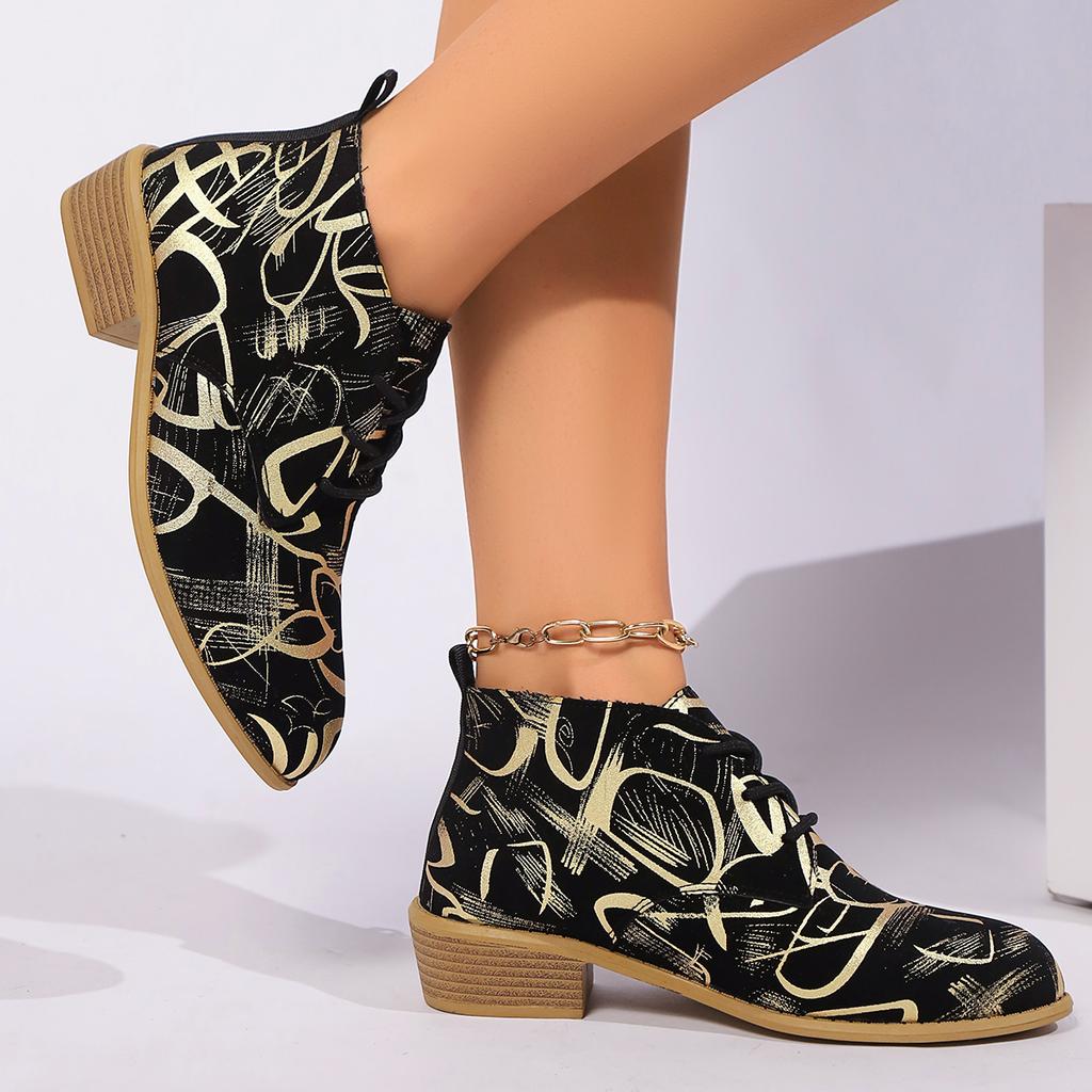 Мода Модные полосатые ботильоны с граффити для женщин 2024 года, новые короткие ботинки на шнуровке и толстом каблуке для женщин, осень-зима, принт Botas Muejr