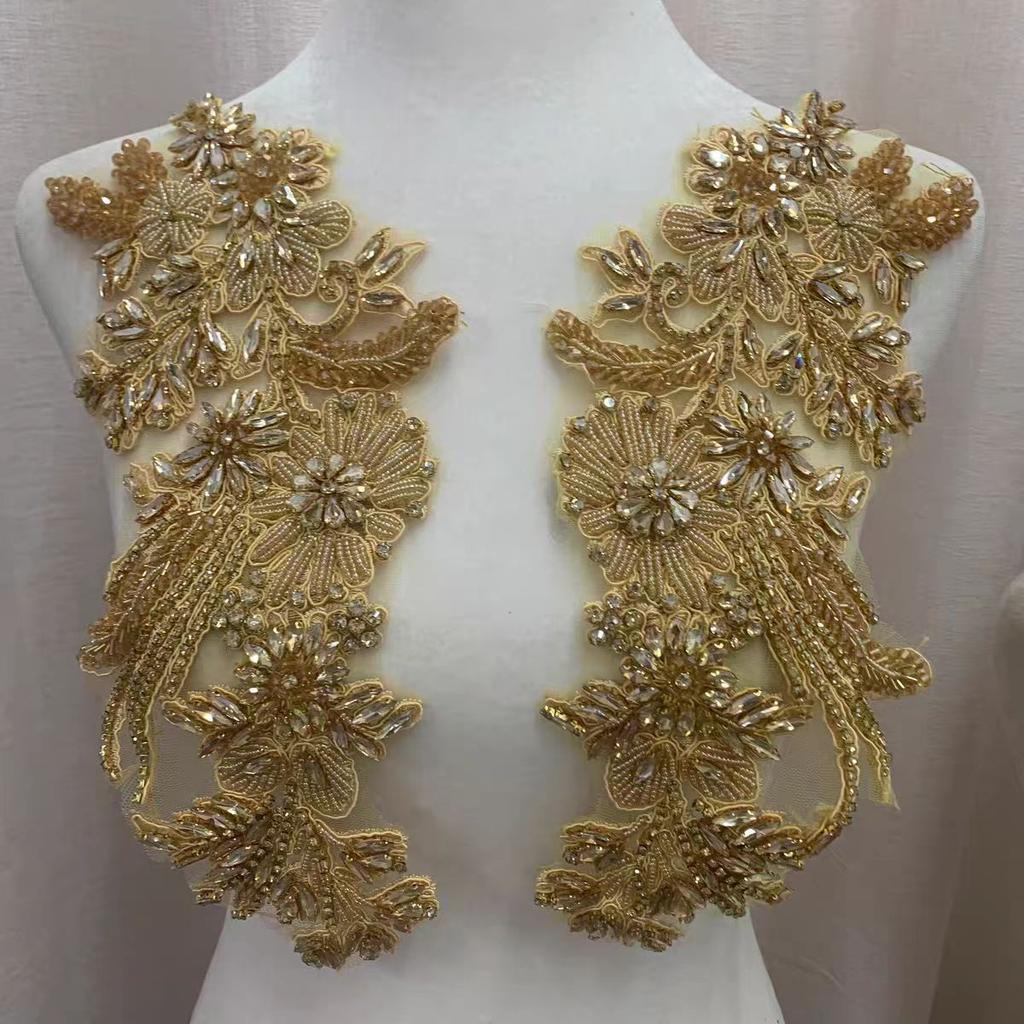Crystal Embroidered Patch Sequin Floral Applique Rhinestone Beaded Fabric Corset Bodice