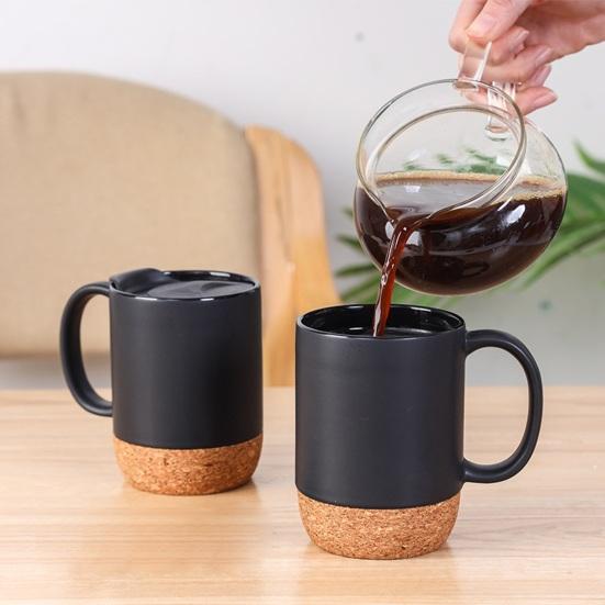 350ML Matte Black Coffee Mug with Grip Handle Cork Bottom Detachable Dustproof Lid Heat-Resistant Ceramic Tea Milk Water Cup Birthday Gift