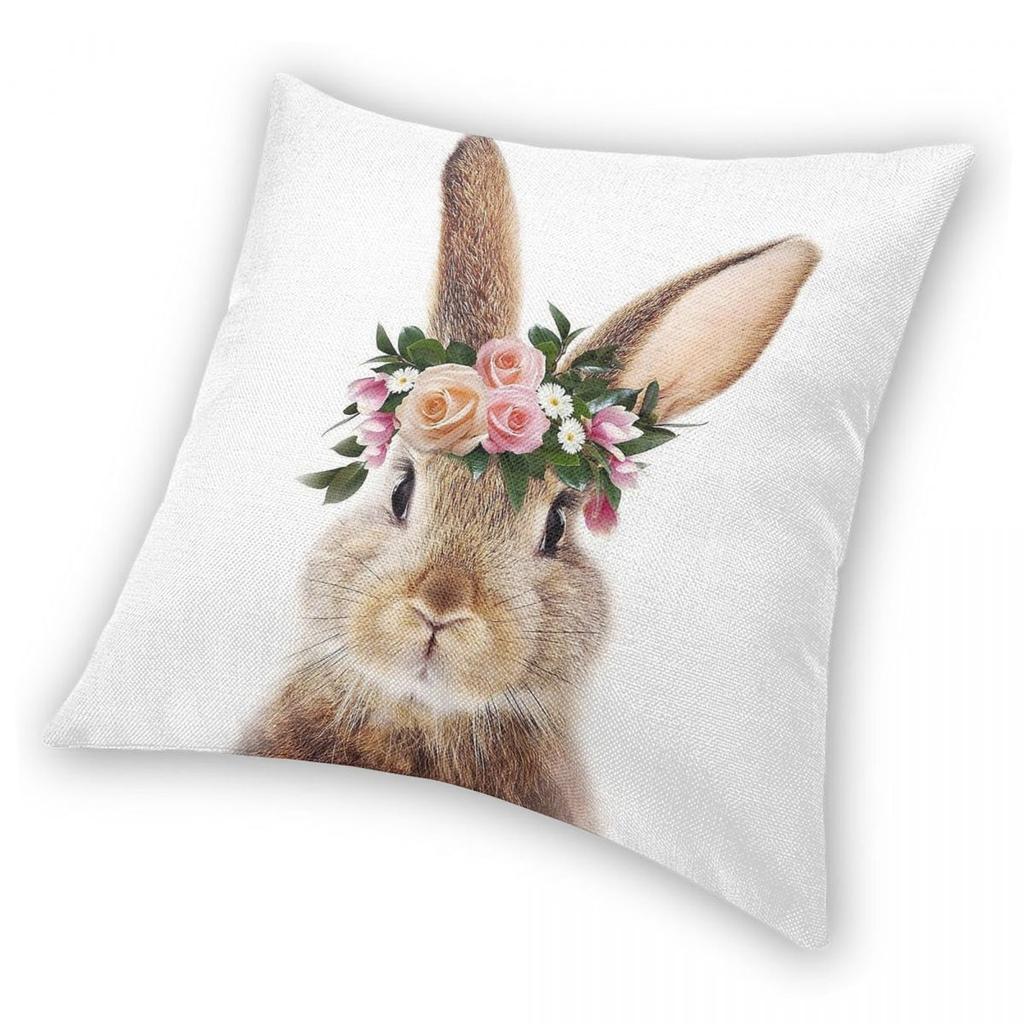 Baby Rabbit With Flower Crown Pillowcase Polyester Linen Velvet Pattern Zip Decor Car Cushion Case 45X45