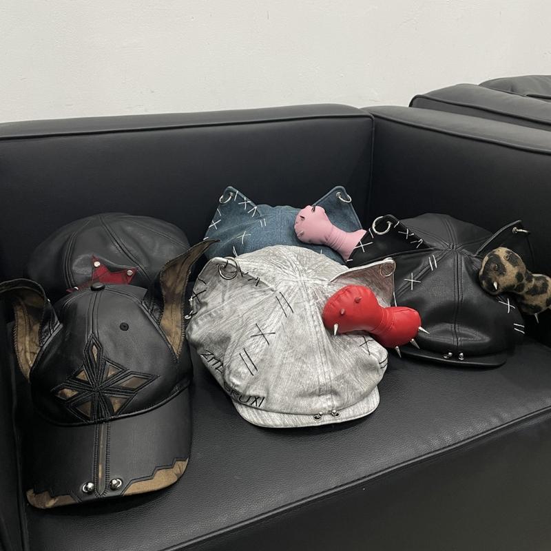 2000s Dog Ear Baseball Hat for Women Men Dystopian PU Leather Hat Subcultures Streetwear Hiphop Hat Daily Party Headwear