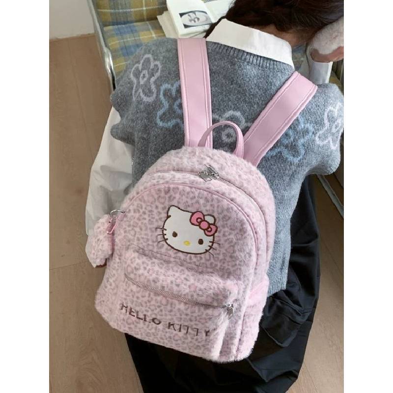 Cute Cartoon Hello Kitty Cat Backpack With Leopard Print Pu Material For Daily Use And Storage