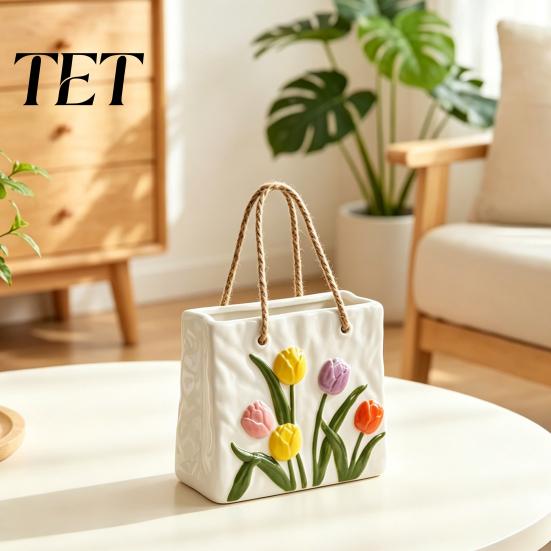 Artistic Living Room Decor Handbag Shaped Ceramic Vase, Tulip Flower Embossed Modern Large Tote Bag Desktop Aesthetic Vase Storage Box with Jute Rope