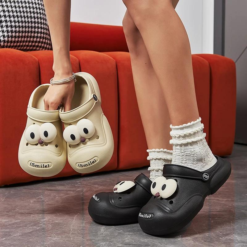 Fashion 2024 New Thick Soles Sandals Hole Shoes Women Increase Non-slip Summer Wear Beach Sandals Outdoor Cute Slippers Big Eye Diy Deco