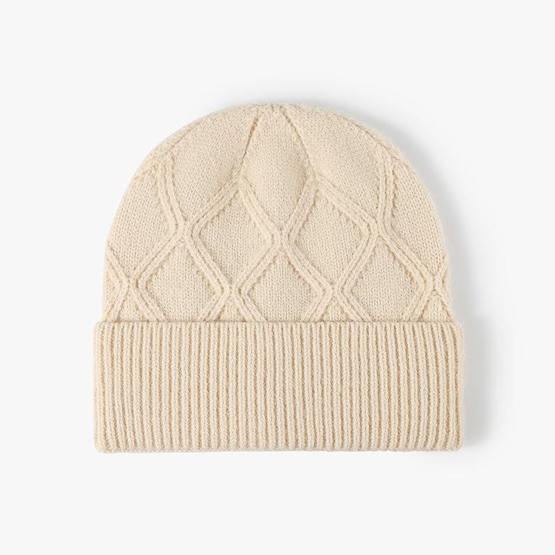 Unisex Winter Knitted Beanie Hat With Diamond Pattern Warm Soft Wool Blend Cuffed Skull Fashion Cold Weather Headwear Women Men