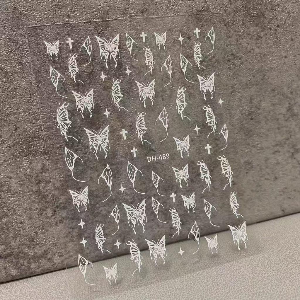 Nail Art Hand Painted Liquid Butterfly Sticker Silver Dark Waterproof Ins Hollow Black and White Silver Decals