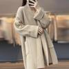 Свободный кардиган-пальто средней длины с открытой передней частью для женщин, с лацканами, длинным рукавом, большими карманами, однотонный верхний одежда