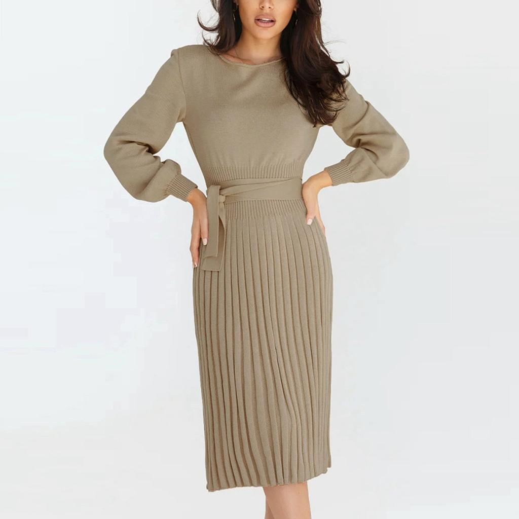 Women's Fashion Casual Solid Color Round Neck Long Sleeves Knitted Slim Fit Pleated Dress