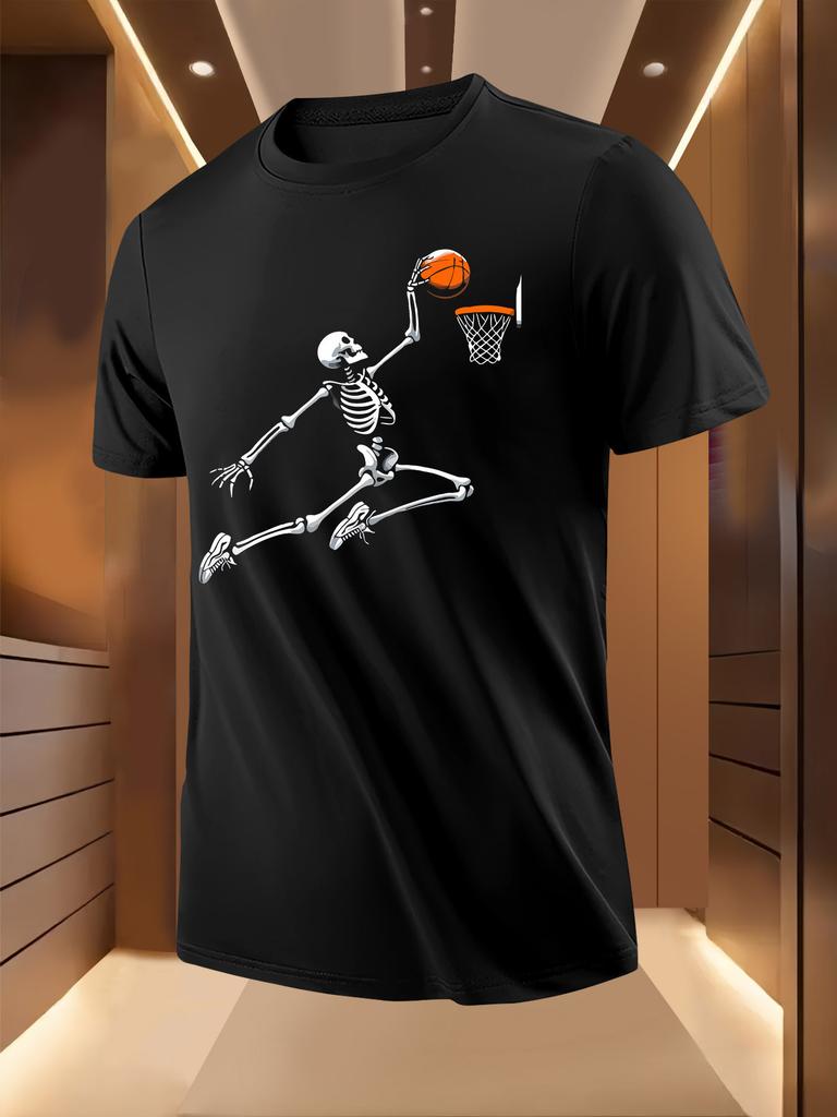 Light Yellow Basketball Graphic - Skeleton Dunking Design - Breathable Summer Tee for Sports Fans & Halloween - Machine Washable Casual Shirt T-shirt