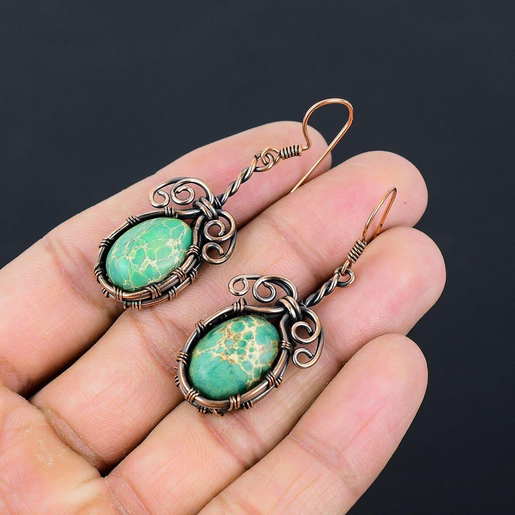 Green Sea Sediment Gemstone Pure Copper Wire Wrapped Handmade Earrings Jewelry