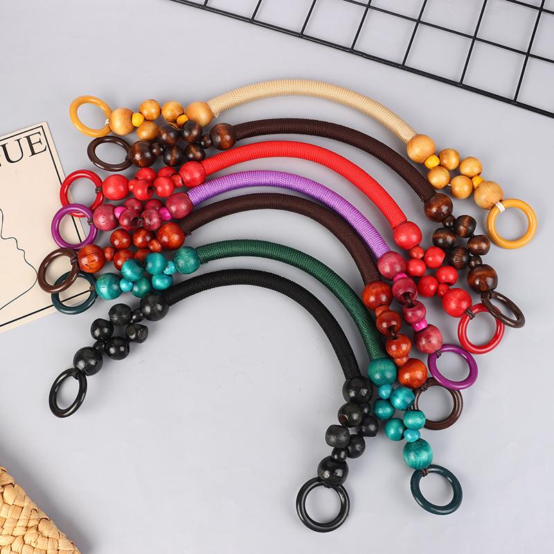 Women Wooden Bead Rope Bag Strap Wooden Handle Rope Beads Handbag Shoulder Belt Diy Replacement Bag Accessories