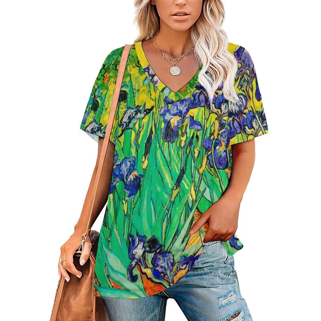 Van Gogh T-Shirts Oil Painting 3D Print Women Short Sleeve T Shirt V-Neck Streetwear Oversized Harajuku Female Tees Top Clothing