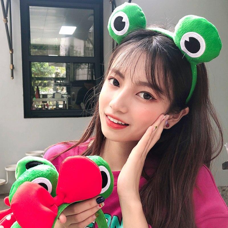Мультяшные большие глаза лягушки, плюшевые обручи для волос с бантом для женщин, сладкий макияж, повязка для волос, повязка на голову, аксессуары для волос для девочек, корейские головные уборы