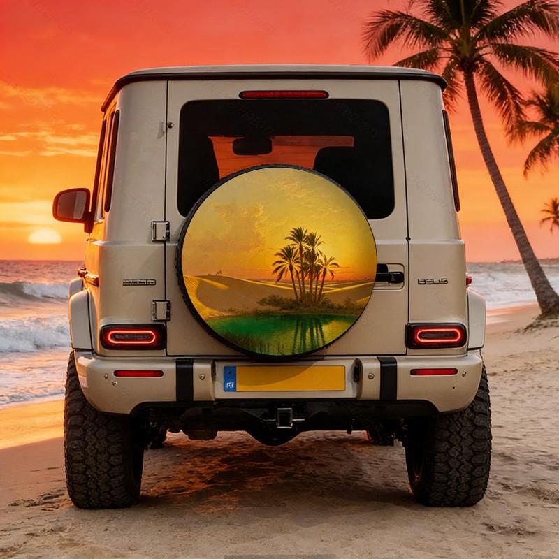 Desert Sunset Oasis Palm Tree Car Tire Cover Durable Polyester Protective Spare Wheel Cover