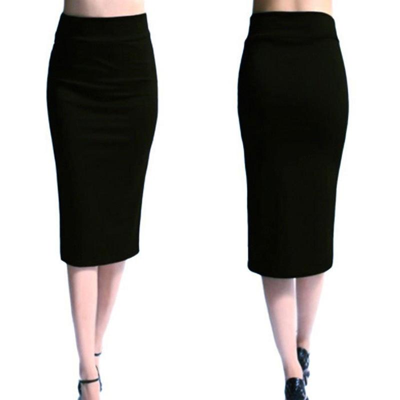 Ladies Plain Office Women Stretch Bodycon Midi Jersey Pencil Skirt