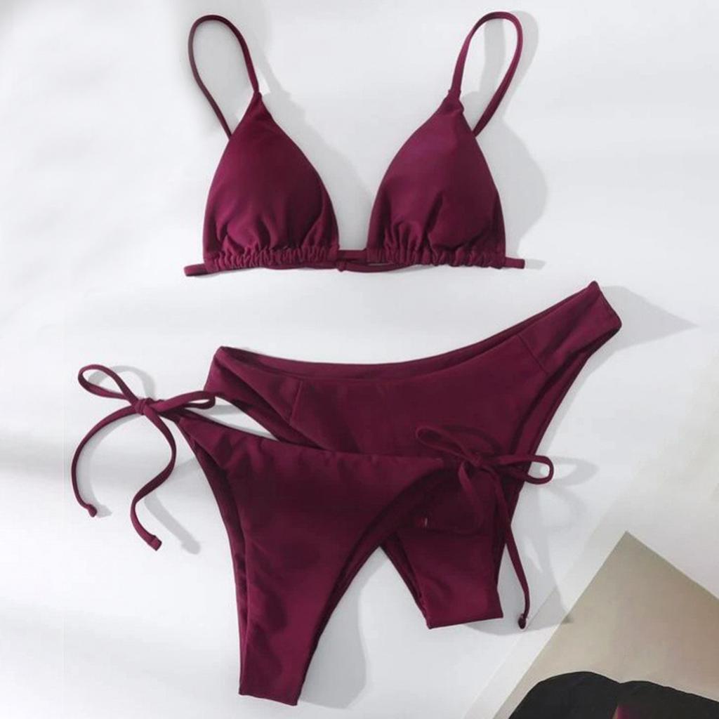 Women's Summer Fashion Sexy Solid Color Backless Lace-up  Waist Adjust Buckle Sling  Bikini Three-pieces Swimsuit