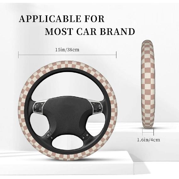 Khaki Checkered Steering Wheel Cover For Women,Universal Auto Steering Wheel 14-15 Inch Car Interior Accessories With 2PCS Car Coasters,Suitable For