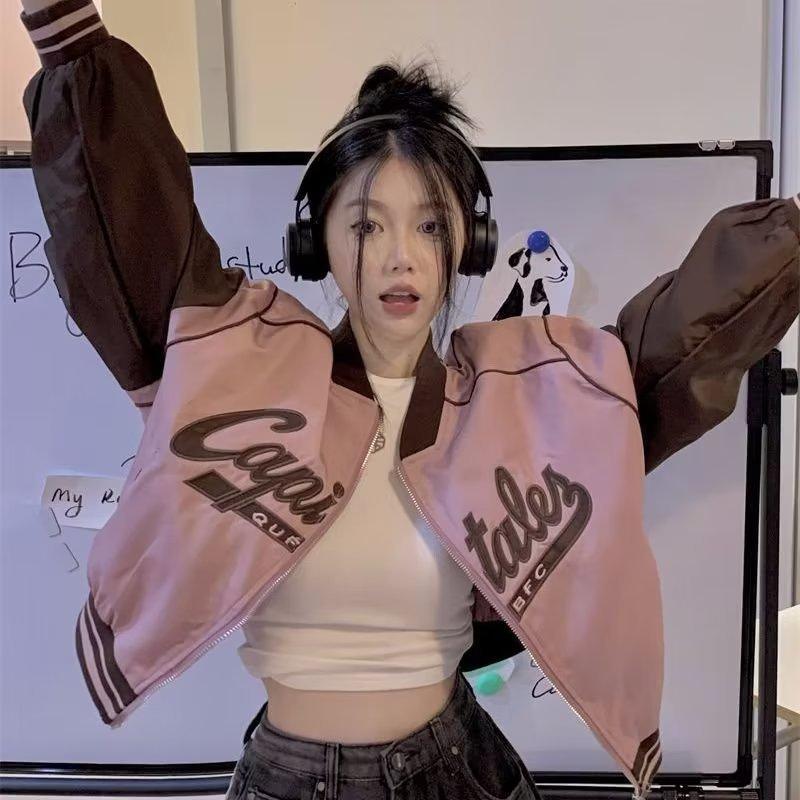 Women Y2K Baseball Jackets Loose Oversized Crop Bomber Coat Ladies Letter Print Sportswear Female Korean Windbreaker Jacket Plus Size
