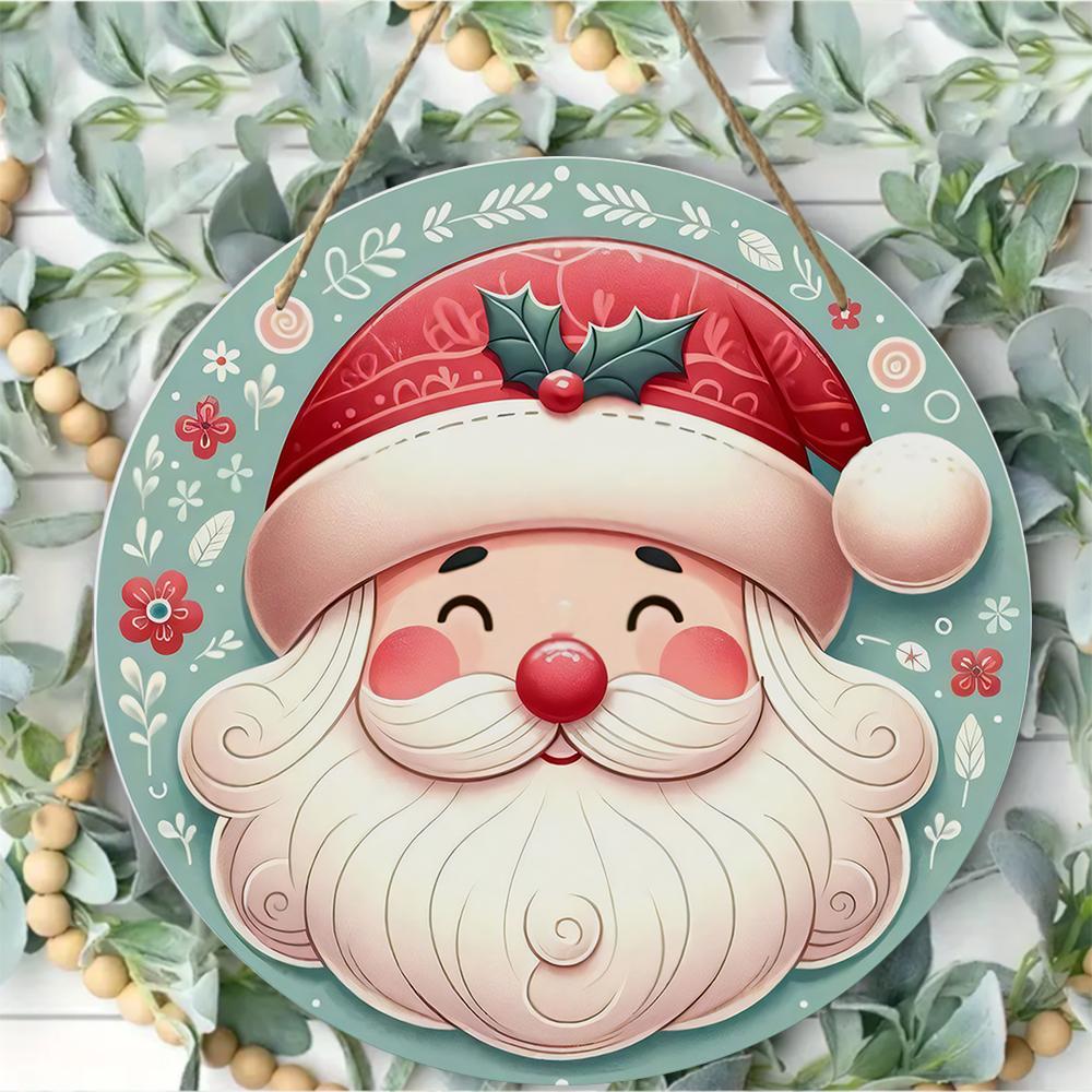 Cute Santa Claus pattern festive round wooden hanging plaque natural wood door sign wall decor xmas holiday party home decoration