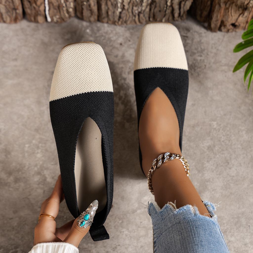 Женские туфли на плоской подошве Новые Лоскутные балетки Женские туфли с квадратным носком Весна-Лето Повседневная обувь Трикотажные плоские кроссовки Zapatos De Mujer